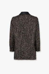 Max Mara women’s angio virgin wool coat brown featuring a black and beige herringbone tweed blazer with black leather collar