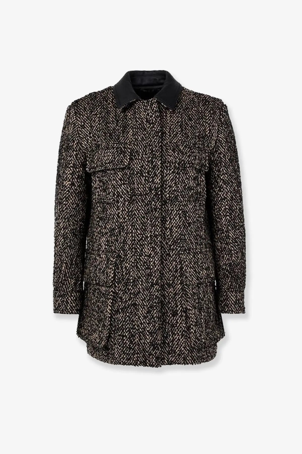 Max mara women’s angio virgin wool coat in black and beige herringbone tweed with a contrasting black collar