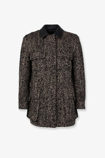 Max mara women’s angio virgin wool coat in black and beige herringbone tweed with a contrasting black collar