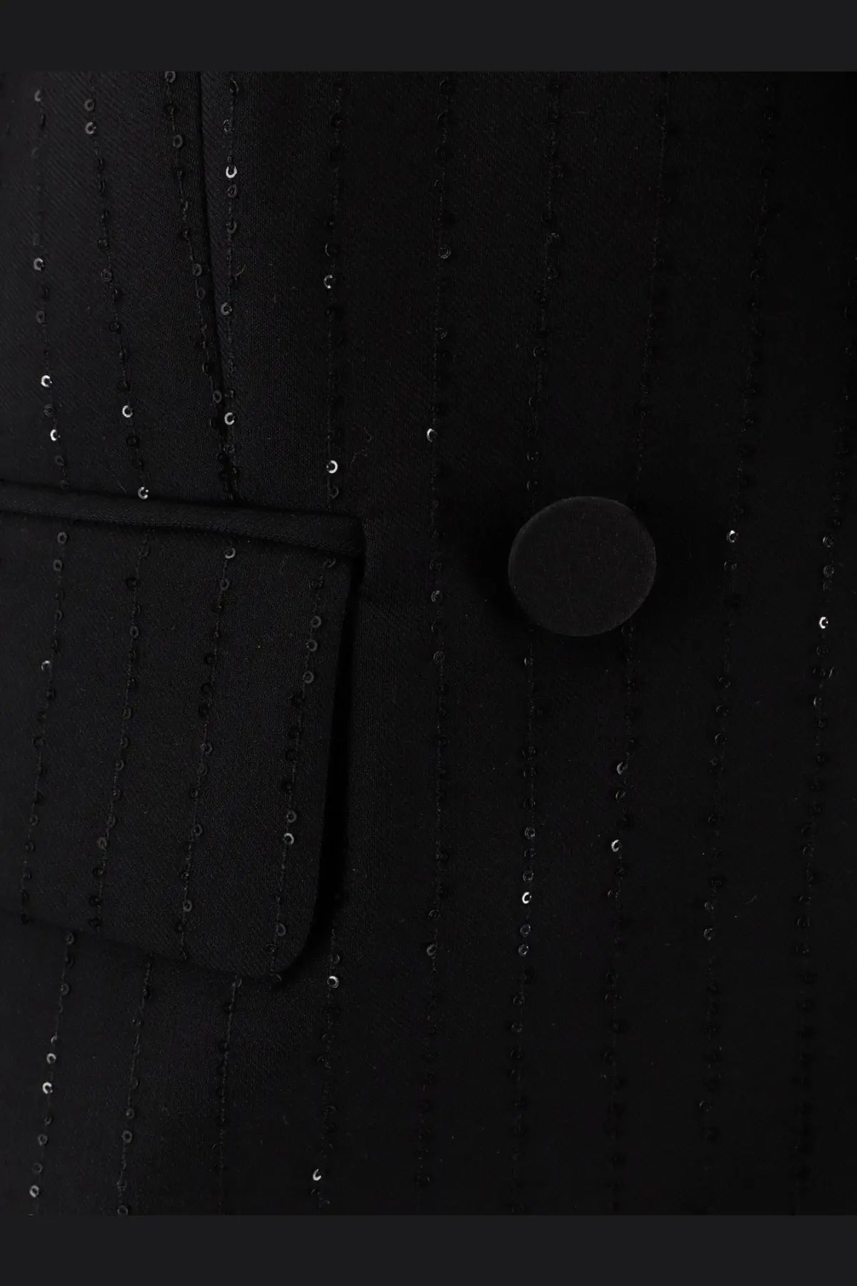 Max Mara women’s Appia virgin wool blazer black with black sequined fabric and subtle vertical stripes and matching button