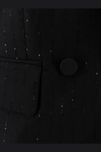 Max Mara women’s Appia virgin wool blazer black with black sequined fabric and subtle vertical stripes and matching button