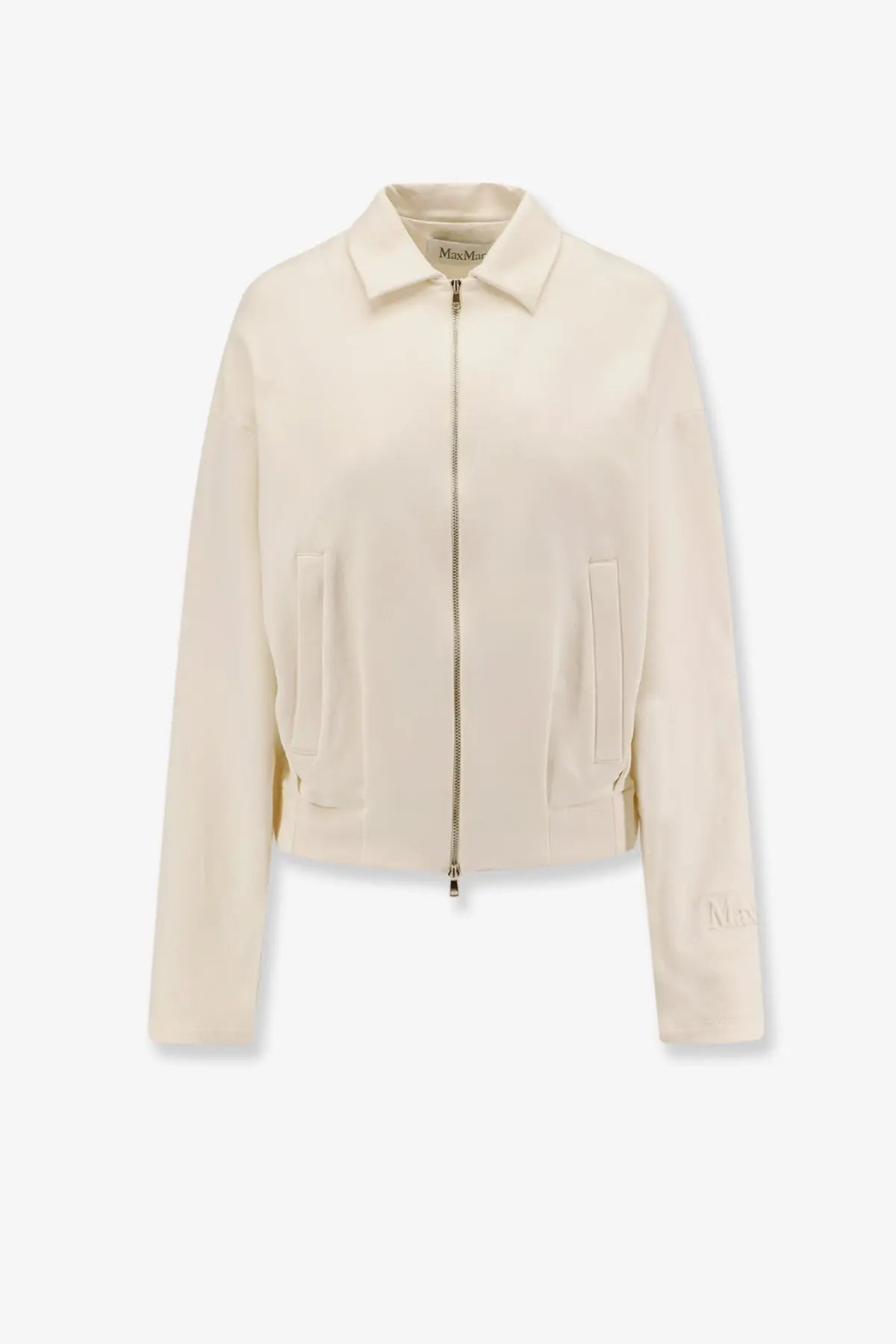 Max Mara women’s argenta cream silk and cotton long-sleeved bomber jacket with collar and front zipper