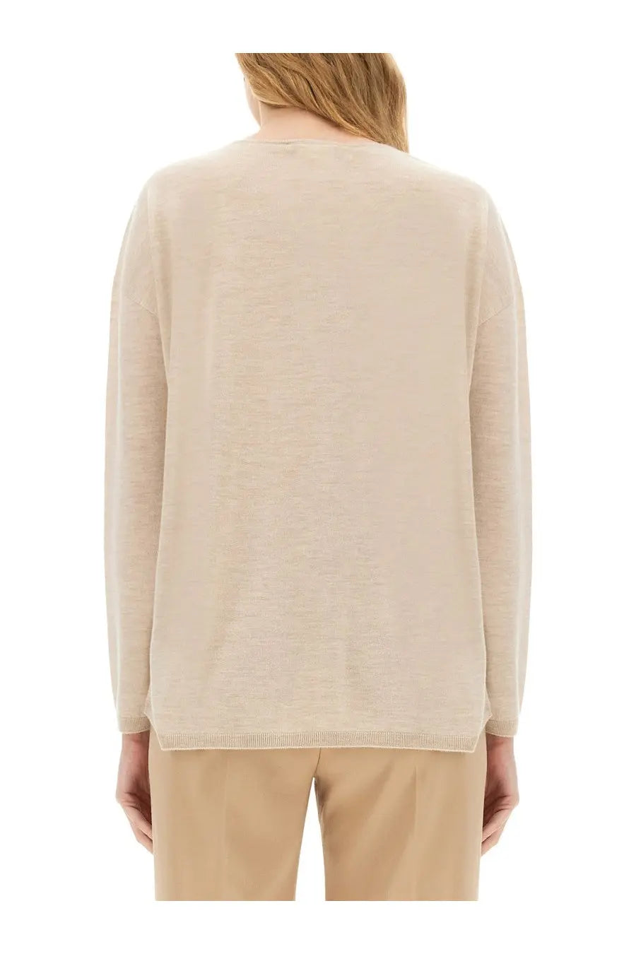 Max Mara women’s arrow jersey beige long-sleeved knit sweater with soft textured fabric and ribbed hem