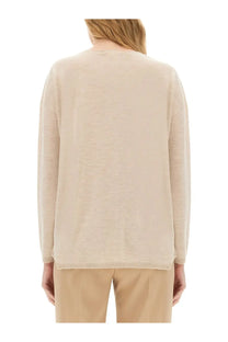 Max Mara women’s arrow jersey beige long-sleeved knit sweater with soft textured fabric and ribbed hem