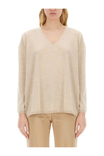 Max mara women’s arrow jersey beige v neck long sleeved knit sweater in soft beige wool blend