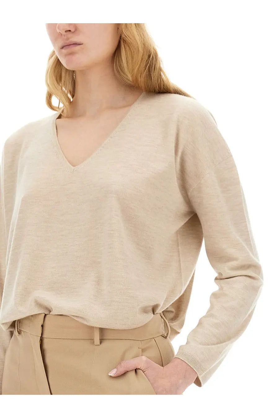 Beige v neck sweater by max mara with soft lightweight knit texture in arrow jersey style for women