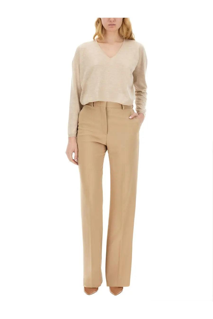 Max Mara women’s arrow jersey beige wide-leg trousers with a sleek tailored fit and subtle creases