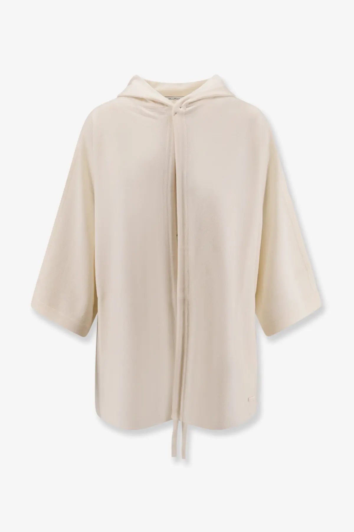 Cream-colored Max Mara women’s Aster virgin wool cardigan with loose fit, hood, front drawstring, and three-quarter sleeves