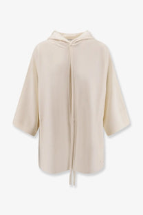 Cream-colored Max Mara women’s Aster virgin wool cardigan with loose fit, hood, front drawstring, and three-quarter sleeves