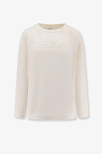 Max mara women’s berma cream sweatshirt with long sleeves cotton and silk textured vivienne logo across the chest