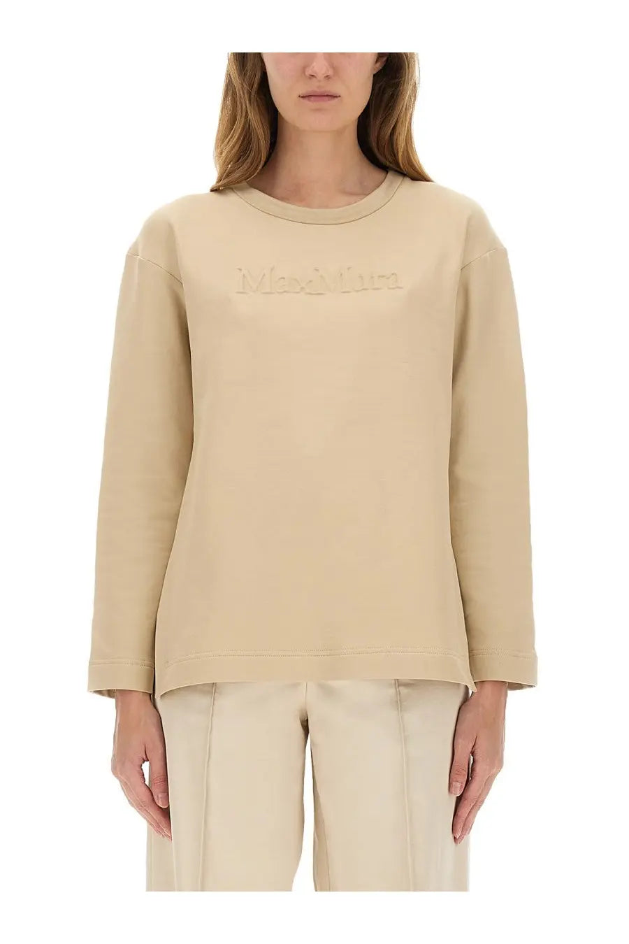 Max Mara women’s beige long-sleeved sweatshirt with subtle embroidered maison margiela logo on chest