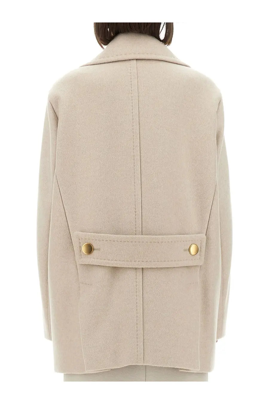 Max mara women’s berta coat beige wool blend with gold tone buttons and structured back design shown from the back side