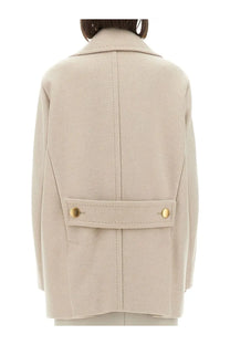 Max mara women’s berta coat beige wool blend with gold tone buttons and structured back design shown from the back side