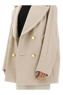 Beige wool double-breasted Max Mara women’s Berta coat with gold-tone buttons for elegant outerwear