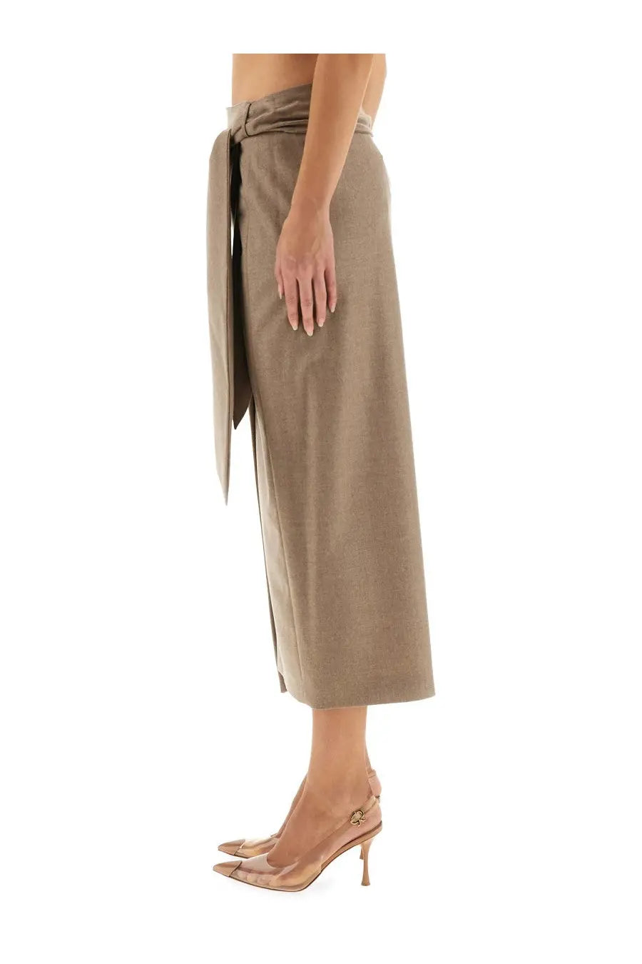 Max Mara women’s bingo wrap skirt in beige taupe with wide-leg design soft fabric and tied waistband