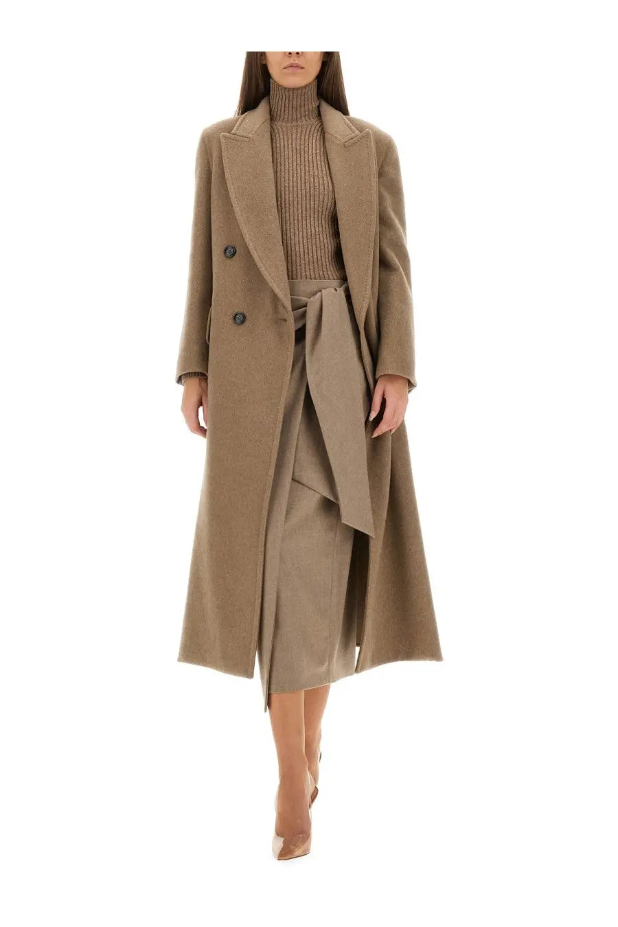 Beige wool coat with double-breasted front and matching belt from max mara women’s bingo wrap skirt beige collection