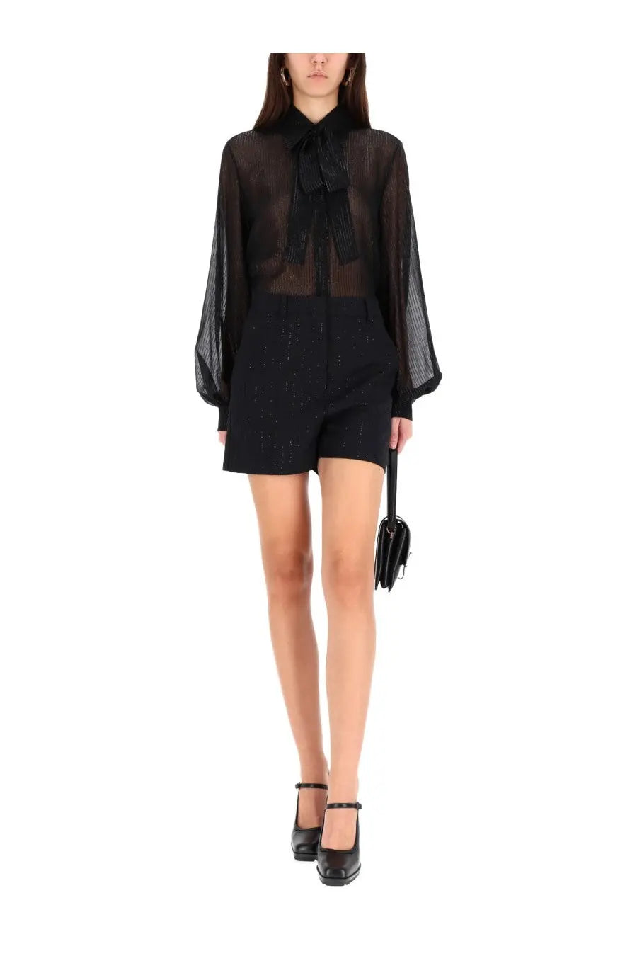 Max Mara women’s black sheer blouse with long sleeves and a bow at the neckline for elegant wear