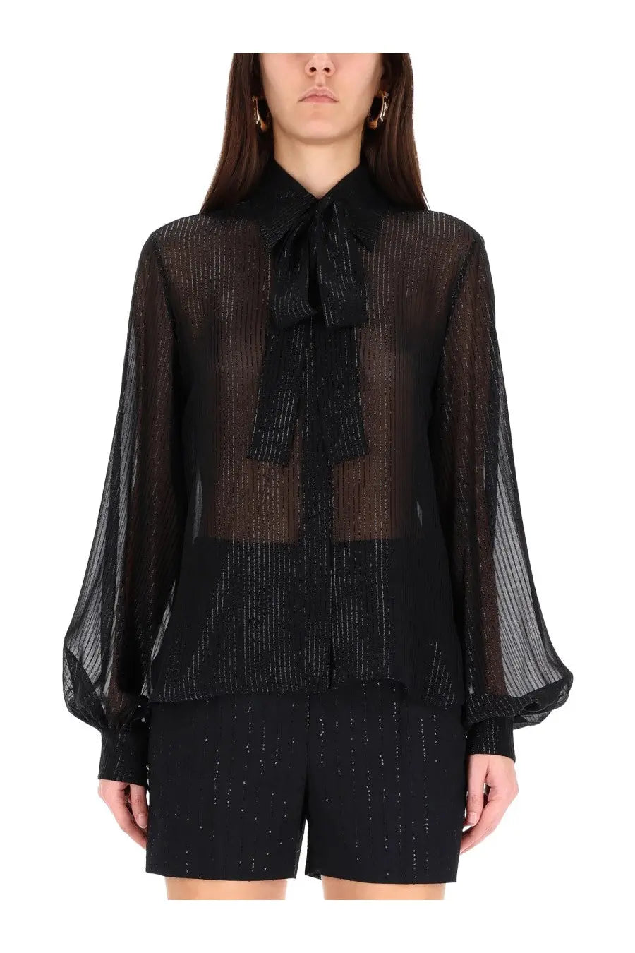 Max Mara women’s blouse black sheer with sparkling ribbed texture and prominent bow at the neckline