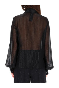 Max Mara women’s black sheer blouse with vertical glittery stripes and high collar detail