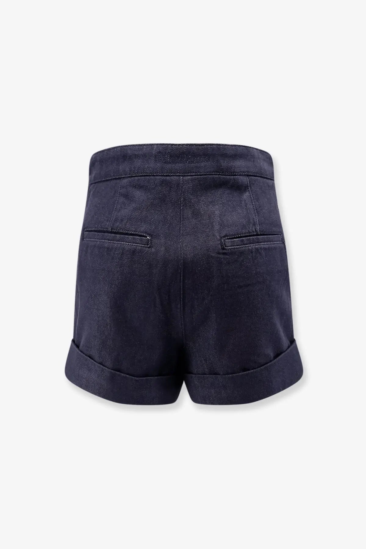 Max mara women’s blue denim bermuda shorts in dark navy with rolled cuffs and back pockets shown from the back side