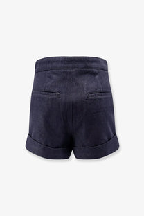 Max mara women’s blue denim bermuda shorts in dark navy with rolled cuffs and back pockets shown from the back side