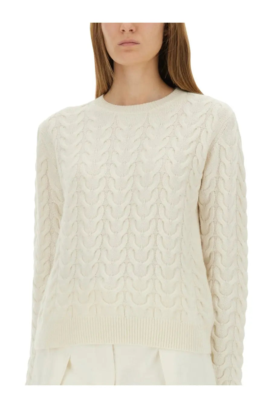 Max mara women’s braided knit aramis white cream-colored cable-knit sweater with round neckline and ribbed hem