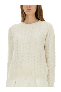 Max mara women’s braided knit aramis white cream-colored cable-knit sweater with round neckline and ribbed hem
