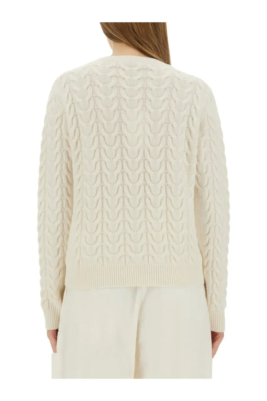 Max Mara women’s Aramis white sweater featuring cream-colored cable-knit textured pattern with ribbed cuffs