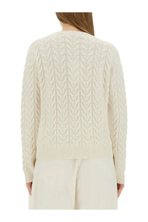 Max Mara women’s Aramis white sweater featuring cream-colored cable-knit textured pattern with ribbed cuffs
