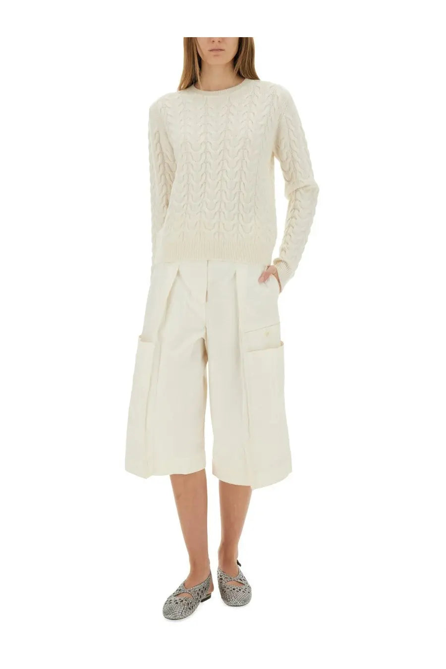 Max Mara women’s braided knit Aramis white cream-colored cable-knit sweater with long sleeves and round neckline