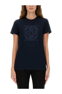 Navy blue cotton Max Mara women’s Bravo shirt featuring a subtle layered monogram logo across the chest