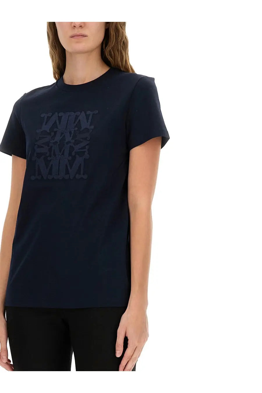 Navy blue Max Mara women’s Bravo shirt with short sleeves and layered dark gray text graphic across the chest