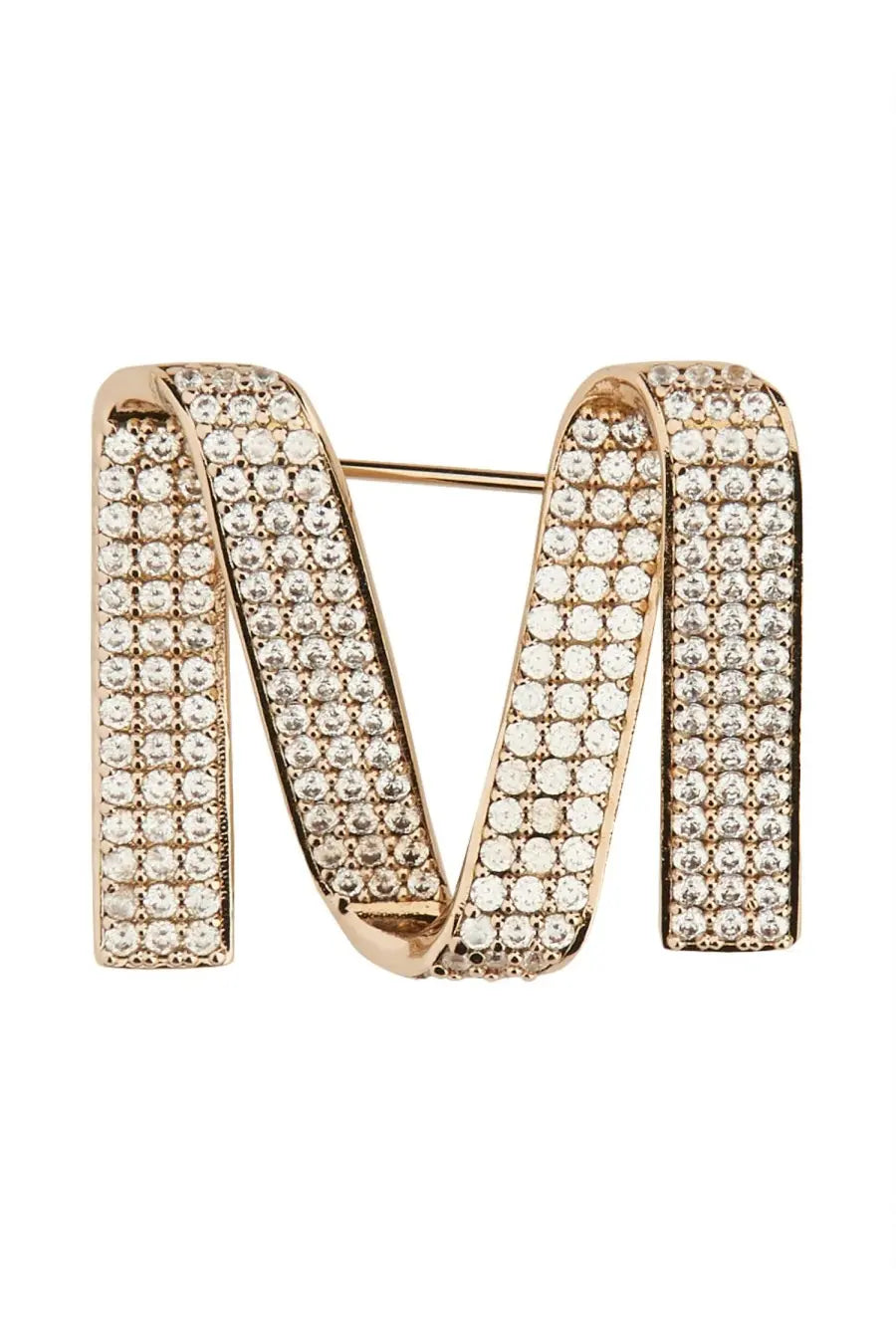 Max Mara women’s rose gold m-shaped brooch with dense pavé of clear sparkling crystals
