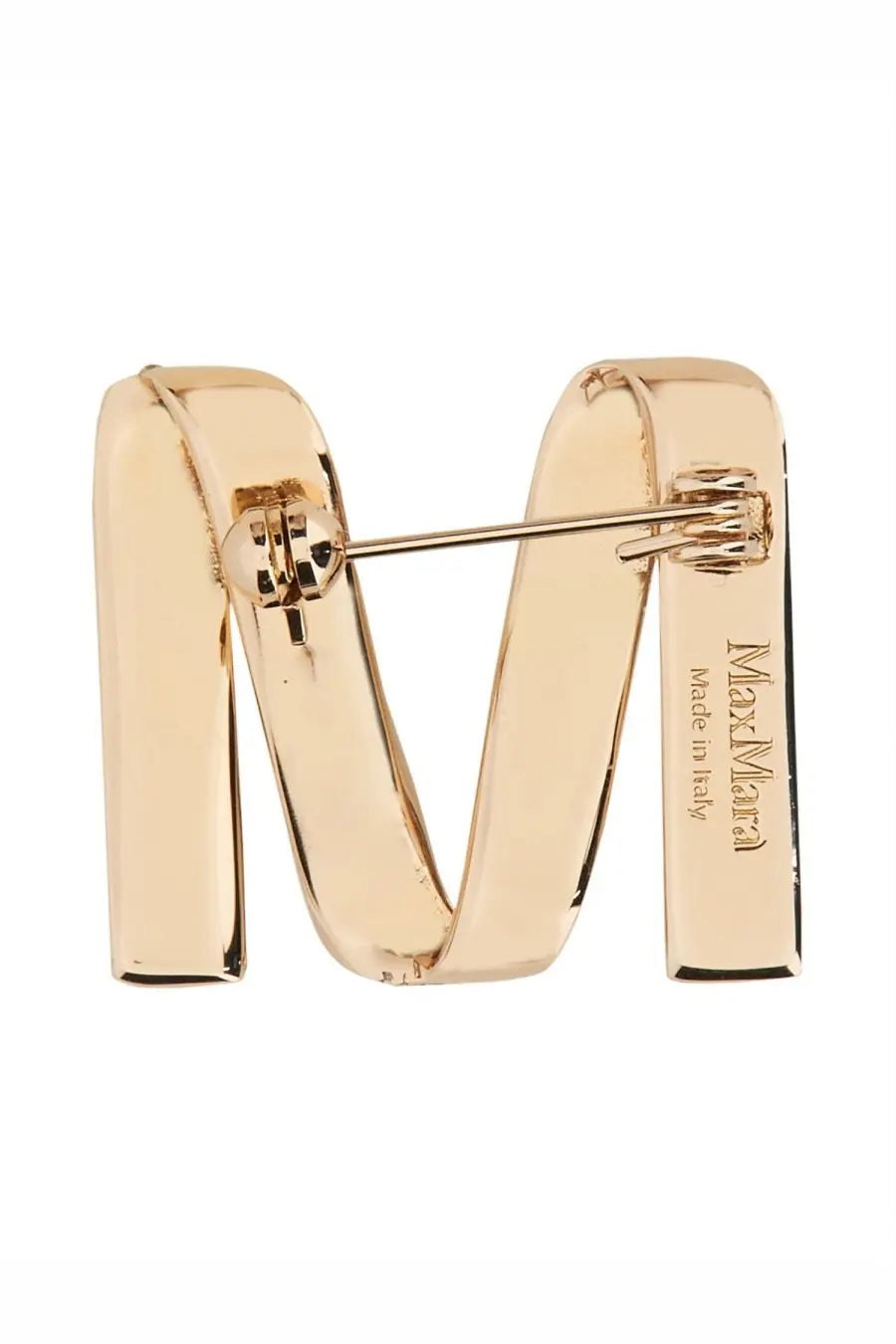 Gold-tone metallic letter m brooch with sleek modern design and engraved max mara branding on the back side