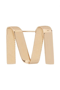 Max Mara women’s brooch gold with gold-toned metallic ribbed letter M and sleek modern design
