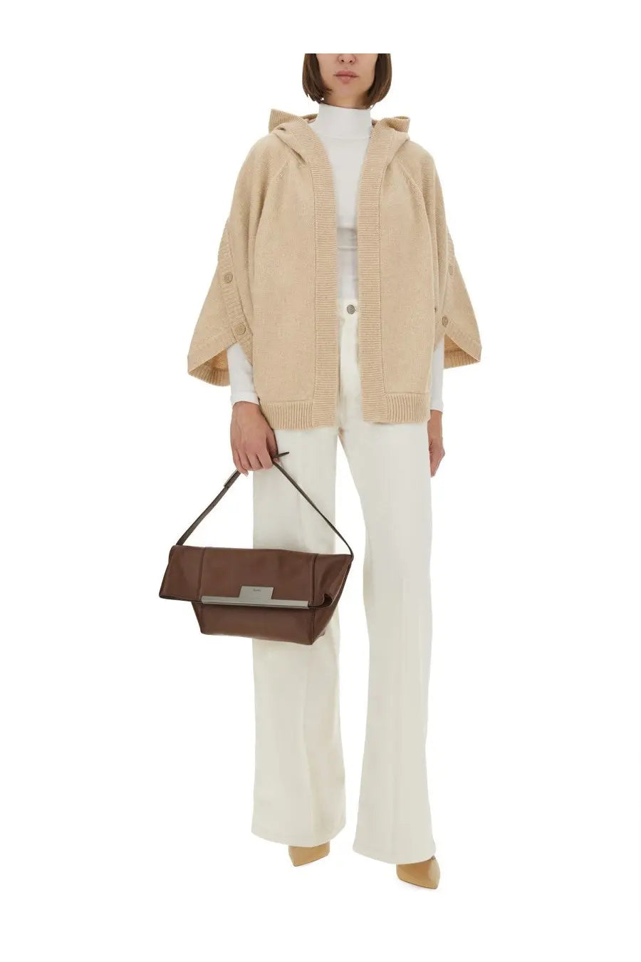 Brown leather clutch with sleek silver metal clasp complementing max mara women’s cardigan vals beige