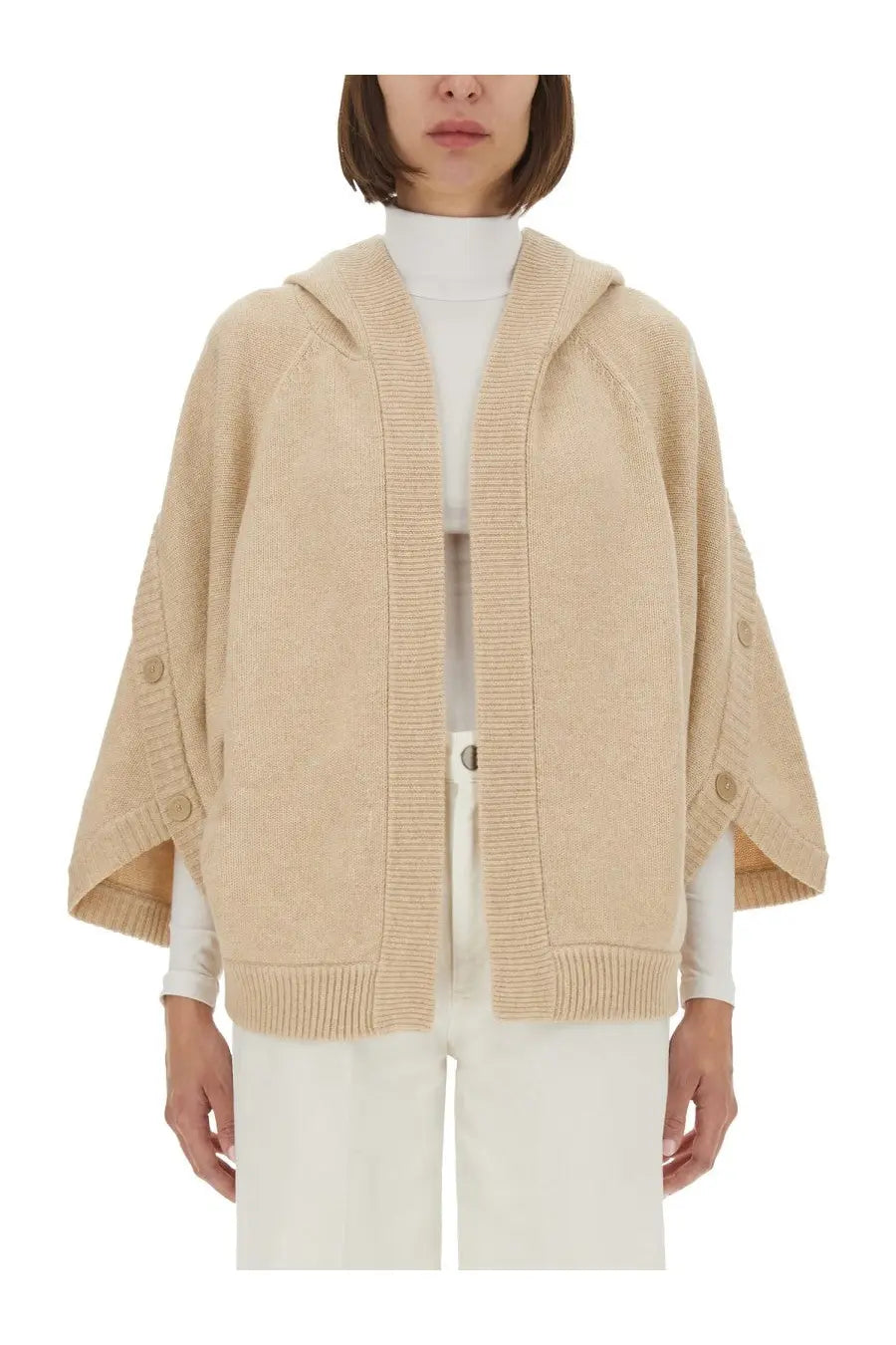 Max mara women’s beige knit hooded cardigan with ribbed detailing and button accents