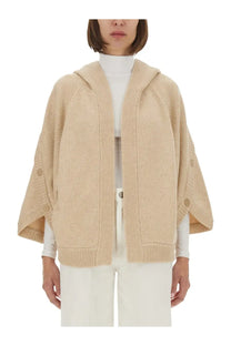 Max mara women’s beige knit hooded cardigan with ribbed detailing and button accents