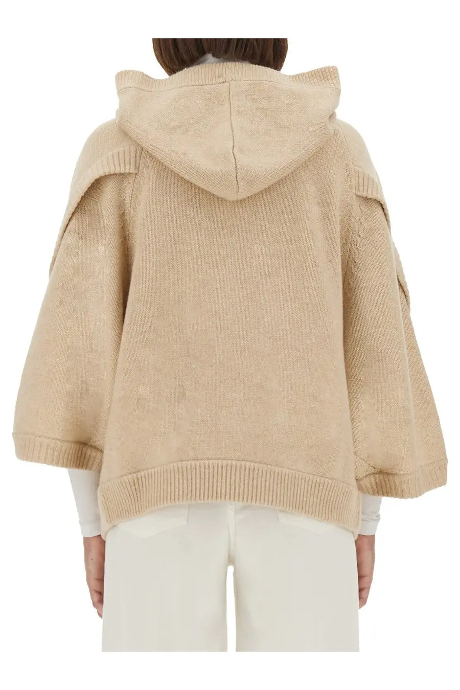 Max Mara women’s cardigan Vals beige knit hooded sweater with ribbed cuffs hem and wide textured cable knit shoulders