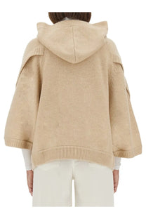 Max Mara women’s cardigan Vals beige knit hooded sweater with ribbed cuffs hem and wide textured cable knit shoulders
