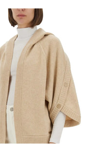 Max Mara women’s beige knitted hooded cardigan with ribbed cuffs and button closures
