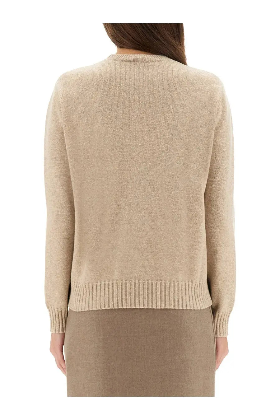 Beige max mara women’s cashmere cinema sweater with ribbed cuffs and hem in knit fabric