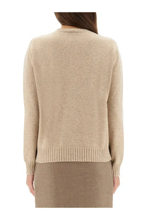 Beige max mara women’s cashmere cinema sweater with ribbed cuffs and hem in knit fabric