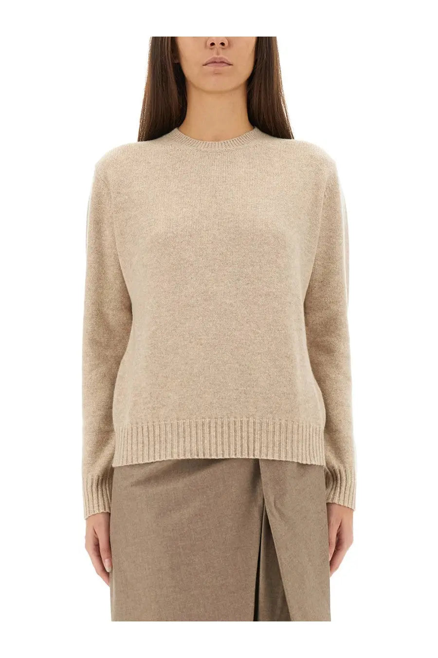 Max mara women’s cashmere cinema sweater beige with ribbed cuffs and hem in soft beige cashmere material