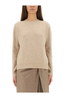 Max mara women’s cashmere cinema sweater beige with ribbed cuffs and hem in soft beige cashmere material