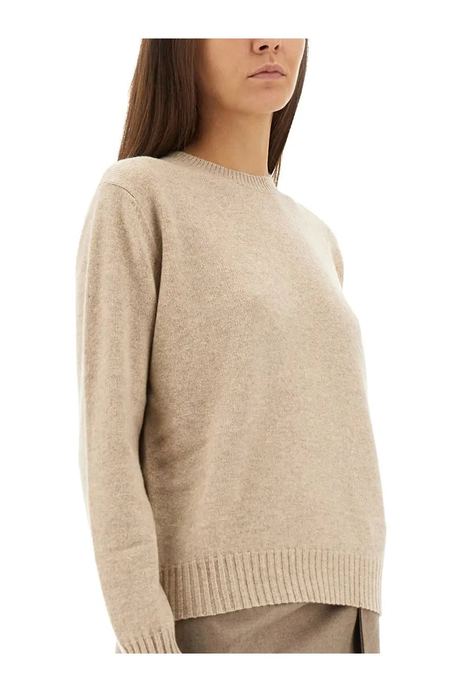 Max Mara women’s beige cashmere cinema sweater with soft ribbed hem and cuffs for cozy stylish wear