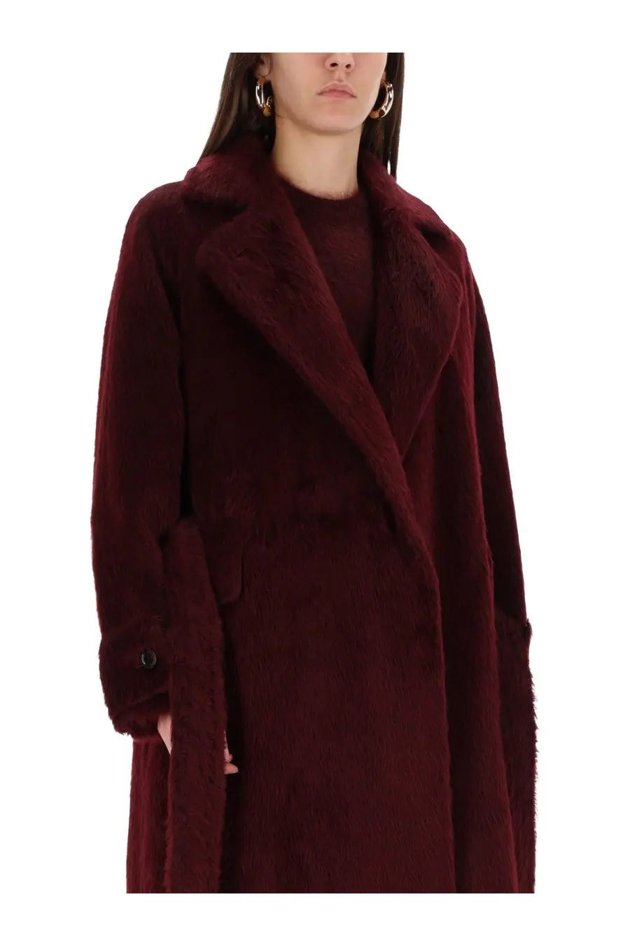 Max Mara women’s coat Albata red luxurious burgundy faux fur coat with plush soft texture and wide collar