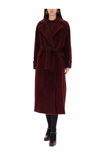 Max mara women’s coat albata red longline belted burgundy coat with plush fur-like texture and classic collar