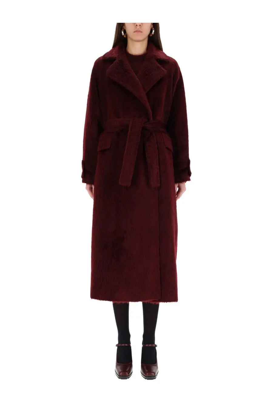 Max Mara women’s coat Albata red rich burgundy longline shearling with belted waist and wide collar
