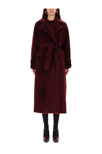 Max Mara women’s coat Albata red rich burgundy longline shearling with belted waist and wide collar